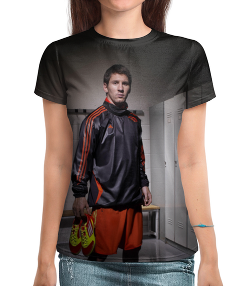 Заказать женскую футболку в Москве. Футболка с полной запечаткой (женская) Messi от skynatural - готовые дизайны и нанесение принтов.