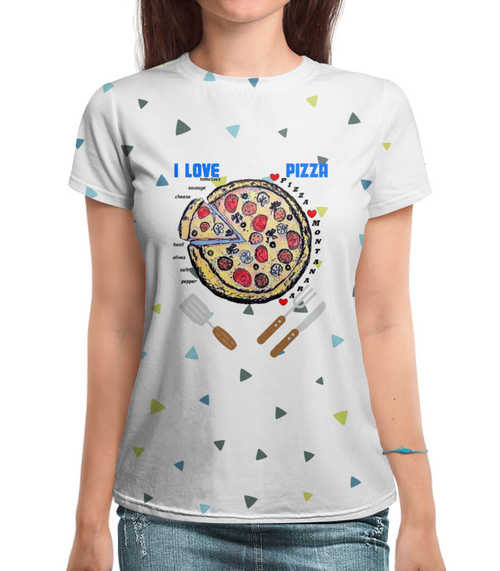 Заказать женскую футболку в Москве. Футболка с полной запечаткой (женская) Пицца от evragka  - готовые дизайны и нанесение принтов.