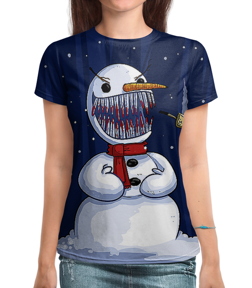 Заказать женскую футболку в Москве. Футболка с полной запечаткой (женская) Безумный снеговик (1) от ПРИНТЫ ПЕЧАТЬ  - готовые дизайны и нанесение принтов.