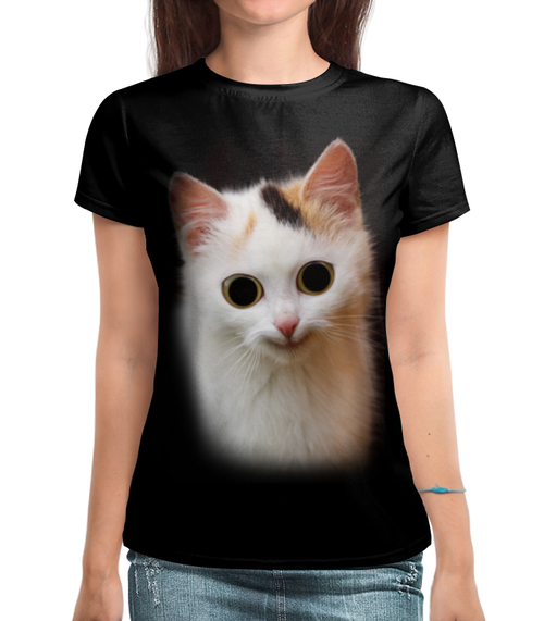 Заказать женскую футболку в Москве. Футболка с полной запечаткой (женская) Смешной котик от weeert - готовые дизайны и нанесение принтов.
