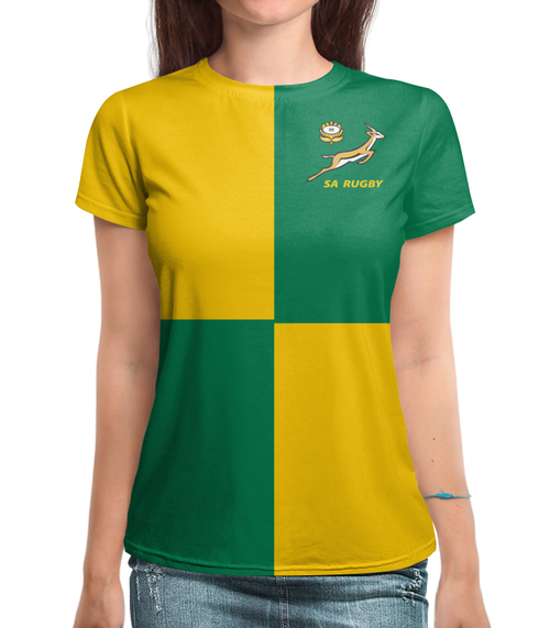Заказать женскую футболку в Москве. Футболка с полной запечаткой (женская) Южная Африка регби от rugby - готовые дизайны и нанесение принтов.