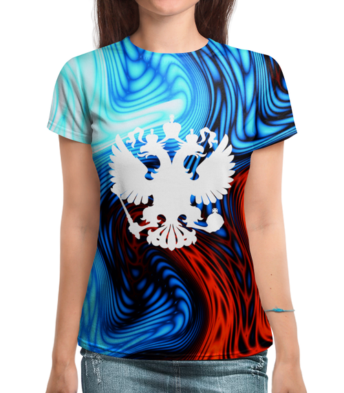 Заказать женскую футболку в Москве. Футболка с полной запечаткой (женская) Флаг России от THE_NISE  - готовые дизайны и нанесение принтов.