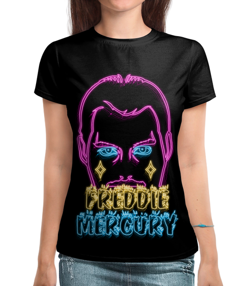 Заказать женскую футболку в Москве. Футболка с полной запечаткой (женская) Freddie Mercury. неон от ualluon - готовые дизайны и нанесение принтов.