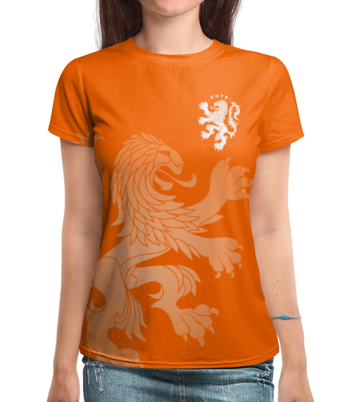 Заказать женскую футболку в Москве. Футболка с полной запечаткой (женская) Сборная Голландии от geekbox - готовые дизайны и нанесение принтов.