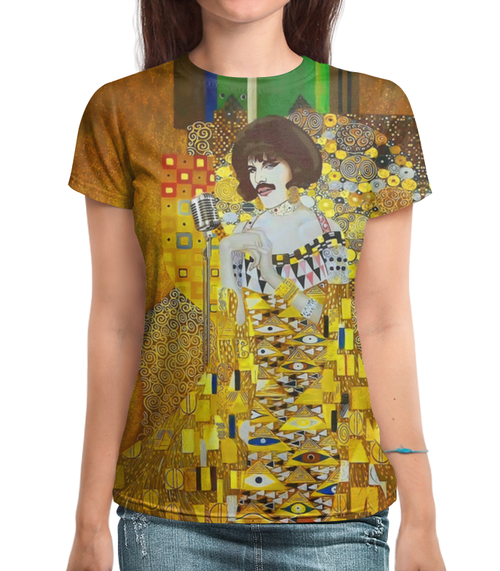 Заказать женскую футболку в Москве. Футболка с полной запечаткой (женская) Freddie Mercury (Gustav Klimt) от balden - готовые дизайны и нанесение принтов.