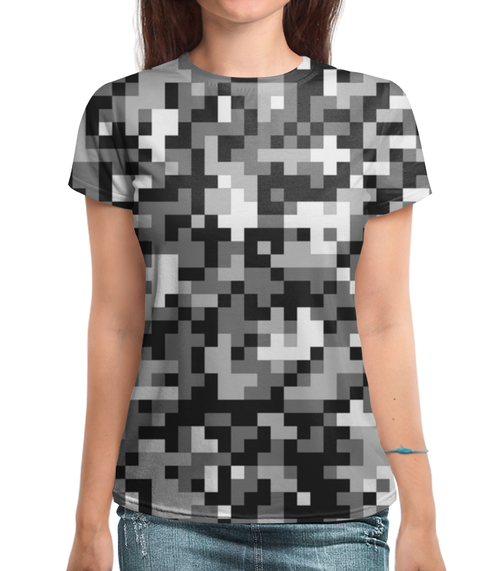 Заказать женскую футболку в Москве. Футболка с полной запечаткой (женская) Pixel Gray от THE_NISE  - готовые дизайны и нанесение принтов.