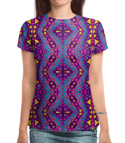 Заказать женскую футболку в Москве. Футболка с полной запечаткой (женская) Фиолетовая мозаика от THE_NISE  - готовые дизайны и нанесение принтов.