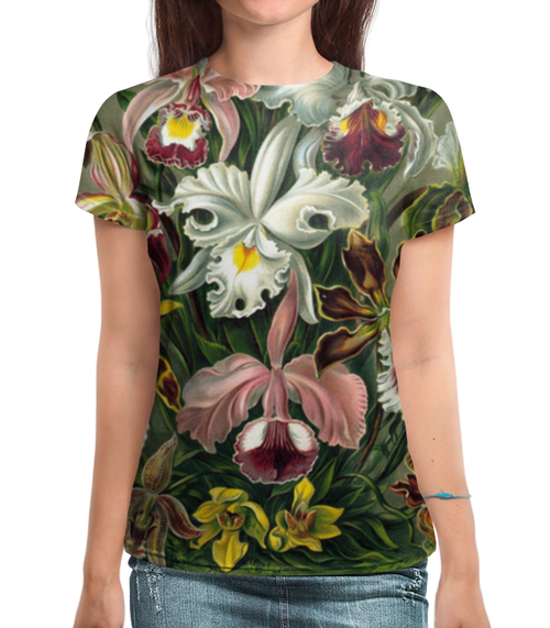 Заказать женскую футболку в Москве. Футболка с полной запечаткой (женская) Орхидеи (Orchideae, Ernst Haeckel) от Apfelbaum - готовые дизайны и нанесение принтов.