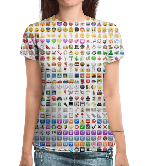 Заказать женскую футболку в Москве. Футболка с полной запечаткой (женская) Emoji смайлики от Юрий Чингаев - готовые дизайны и нанесение принтов.