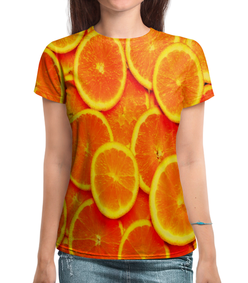 Заказать женскую футболку в Москве. Футболка с полной запечаткой (женская) Апельсин от THE_NISE  - готовые дизайны и нанесение принтов.