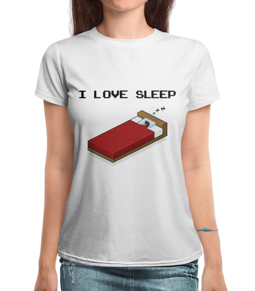 Заказать женскую футболку в Москве. Футболка с полной запечаткой (женская) "I love sleep" пиксель арт от Георгий Гриценко - готовые дизайны и нанесение принтов.