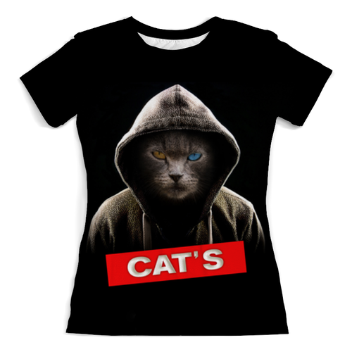 Заказать женскую футболку в Москве. Футболка с полной запечаткой (женская) Кот в капюшоне от weeert - готовые дизайны и нанесение принтов.