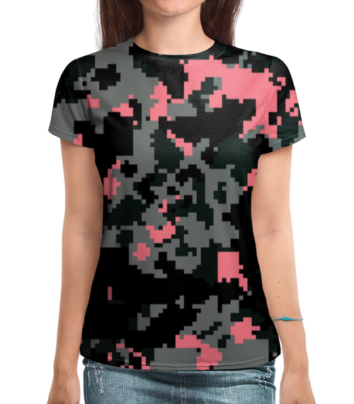 Заказать женскую футболку в Москве. Футболка с полной запечаткой (женская) Розовые пиксели от THE_NISE  - готовые дизайны и нанесение принтов.