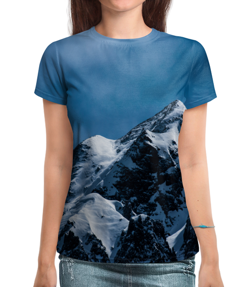 Заказать женскую футболку в Москве. Футболка с полной запечаткой (женская) Снег в горах от THE_NISE  - готовые дизайны и нанесение принтов.