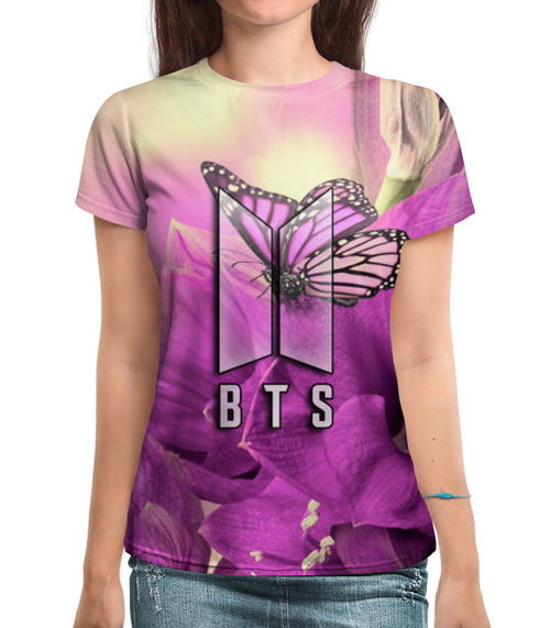 Заказать женскую футболку в Москве. Футболка с полной запечаткой (женская) Группа BTS от weeert - готовые дизайны и нанесение принтов.