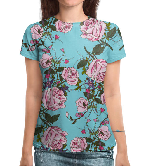Заказать женскую футболку в Москве. Футболка с полной запечаткой (женская) Розы в цвету от THE_NISE  - готовые дизайны и нанесение принтов.