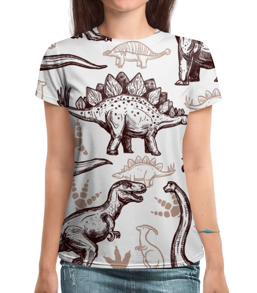 Заказать женскую футболку в Москве. Футболка с полной запечаткой (женская) Динозавры от trugift - готовые дизайны и нанесение принтов.