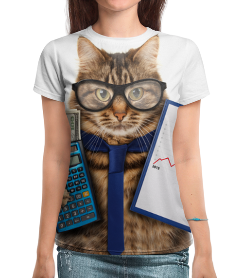 Заказать женскую футболку в Москве. Футболка с полной запечаткой (женская) Умный кот от tami.fox@mail.ru - готовые дизайны и нанесение принтов.