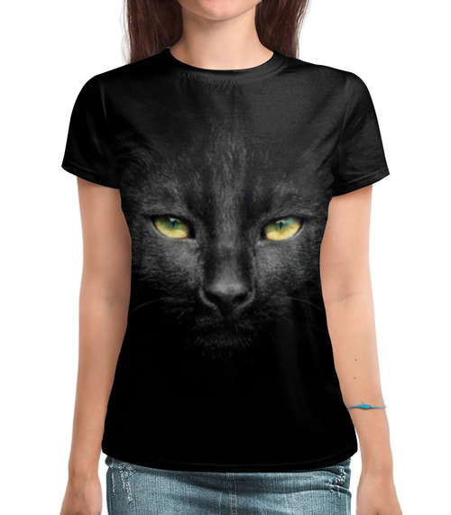 Заказать женскую футболку в Москве. Футболка с полной запечаткой (женская) Черный кот от weeert - готовые дизайны и нанесение принтов.