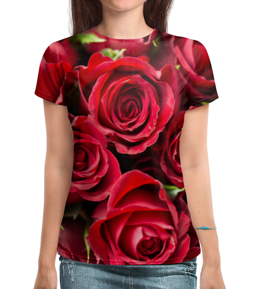 Заказать женскую футболку в Москве. Футболка с полной запечаткой (женская) Букет роз от RED'S - готовые дизайны и нанесение принтов.