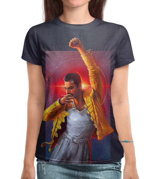 Заказать женскую футболку в Москве. Футболка с полной запечаткой (женская) Freddie Mercury от balden - готовые дизайны и нанесение принтов.