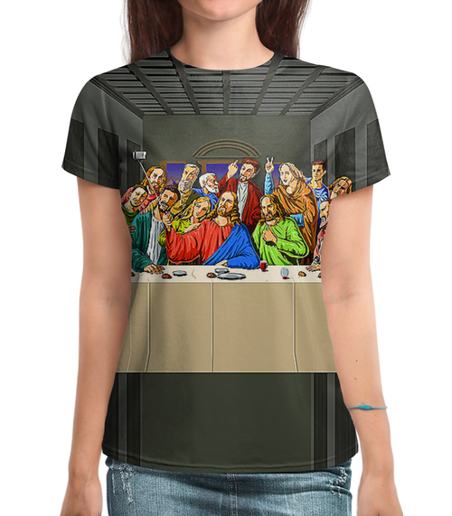 Заказать женскую футболку в Москве. Футболка с полной запечаткой (женская) Jesus Selfie от balden - готовые дизайны и нанесение принтов.