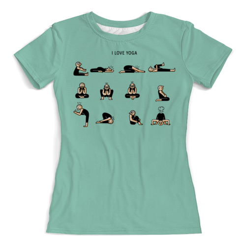 Заказать женскую футболку в Москве. Футболка с полной запечаткой (женская) I love yoga от Илья Щеблецов - готовые дизайны и нанесение принтов.