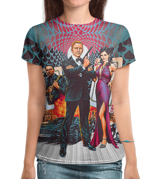 Заказать женскую футболку в Москве. Футболка с полной запечаткой (женская) Casino Royale (Agent 007) от balden - готовые дизайны и нанесение принтов.