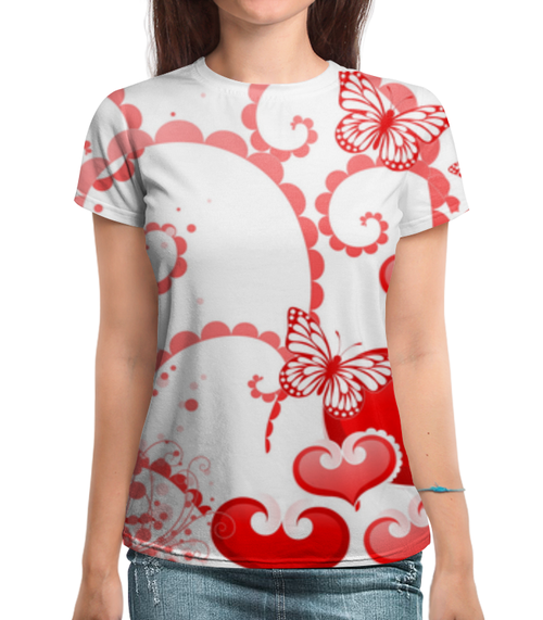 Заказать женскую футболку в Москве. Футболка с полной запечаткой (женская) Красные бабочки от Виктор Гришин - готовые дизайны и нанесение принтов.
