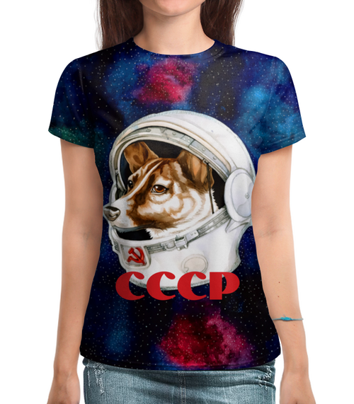 Заказать женскую футболку в Москве. Футболка с полной запечаткой (женская) Собака в космосе   от T-shirt print  - готовые дизайны и нанесение принтов.