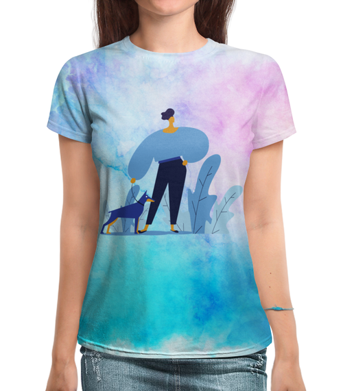 Заказать женскую футболку в Москве. Футболка с полной запечаткой (женская) Прогулка с собакой от T-shirt print  - готовые дизайны и нанесение принтов.
