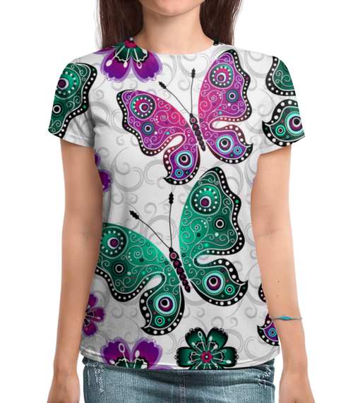 Заказать женскую футболку в Москве. Футболка с полной запечаткой (женская) Цветные бабочки от THE_NISE  - готовые дизайны и нанесение принтов.