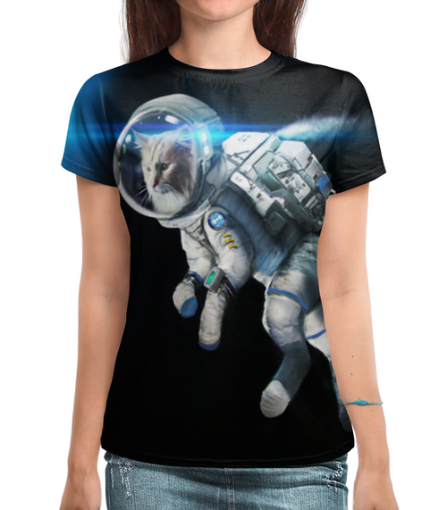 Заказать женскую футболку в Москве. Футболка с полной запечаткой (женская) Кот в космосе  от THE_NISE  - готовые дизайны и нанесение принтов.