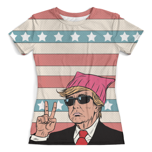 Заказать женскую футболку в Москве. Футболка с полной запечаткой (женская) Дональд Трамп от denis01001 - готовые дизайны и нанесение принтов.