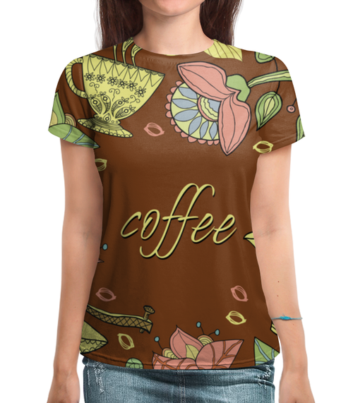 Заказать женскую футболку в Москве. Футболка с полной запечаткой (женская) Я люблю кофе  от ПРИНТЫ ПЕЧАТЬ  - готовые дизайны и нанесение принтов.