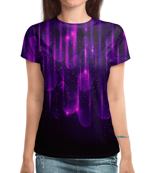 Заказать женскую футболку в Москве. Футболка с полной запечаткой (женская) Фиолетовые вспышки от THE_NISE  - готовые дизайны и нанесение принтов.