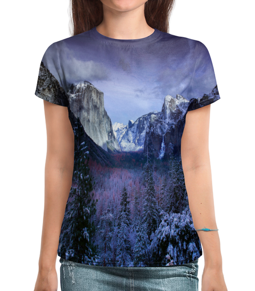 Заказать женскую футболку в Москве. Футболка с полной запечаткой (женская) Синие горы от THE_NISE  - готовые дизайны и нанесение принтов.