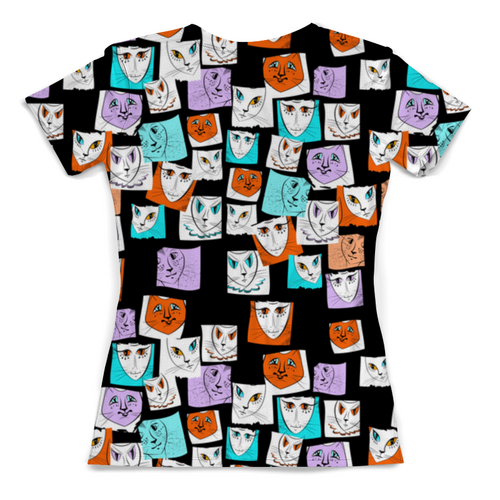 Заказать женскую футболку в Москве. Футболка с полной запечаткой (женская) Странные кошки паттерн от ELENA ZHARINOVA - готовые дизайны и нанесение принтов.