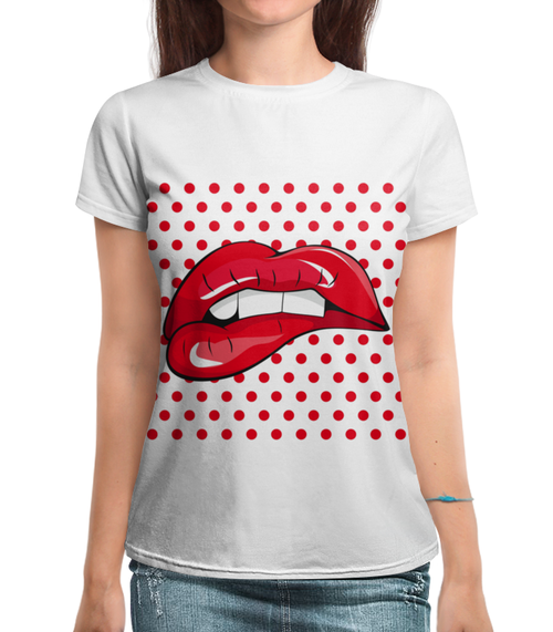 Заказать женскую футболку в Москве. Футболка с полной запечаткой (женская) Красные губы от Fil6 - готовые дизайны и нанесение принтов.