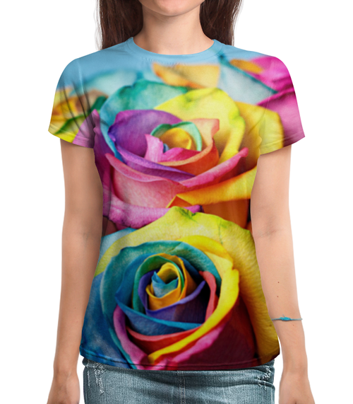 Заказать женскую футболку в Москве. Футболка с полной запечаткой (женская) Цветные розы от weeert - готовые дизайны и нанесение принтов.