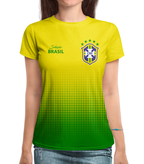 Заказать женскую футболку в Москве. Футболка с полной запечаткой (женская) Сборная Бразилии от geekbox - готовые дизайны и нанесение принтов.