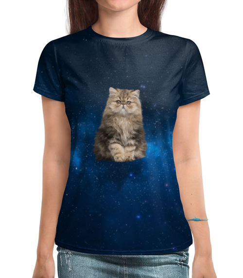 Заказать женскую футболку в Москве. Футболка с полной запечаткой (женская) Кот в космосе от THE_NISE  - готовые дизайны и нанесение принтов.