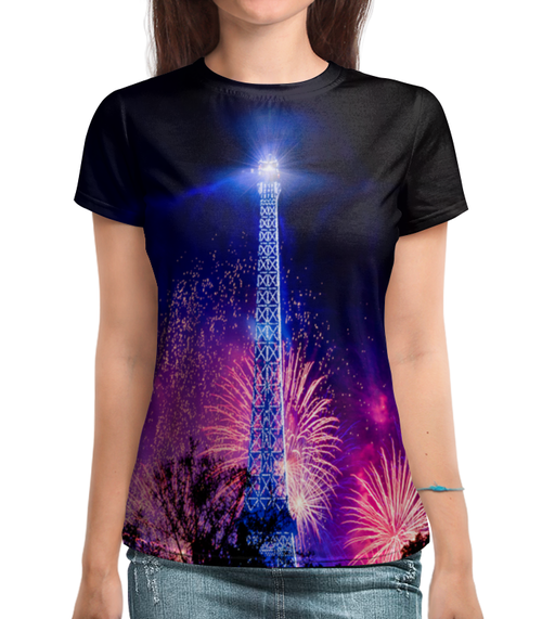 Заказать женскую футболку в Москве. Футболка с полной запечаткой (женская) Эйфелева башня от THE_NISE  - готовые дизайны и нанесение принтов.