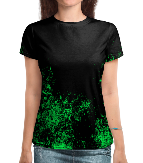 Заказать женскую футболку в Москве. Футболка с полной запечаткой (женская) Зелёная краска от Fonzo - готовые дизайны и нанесение принтов.