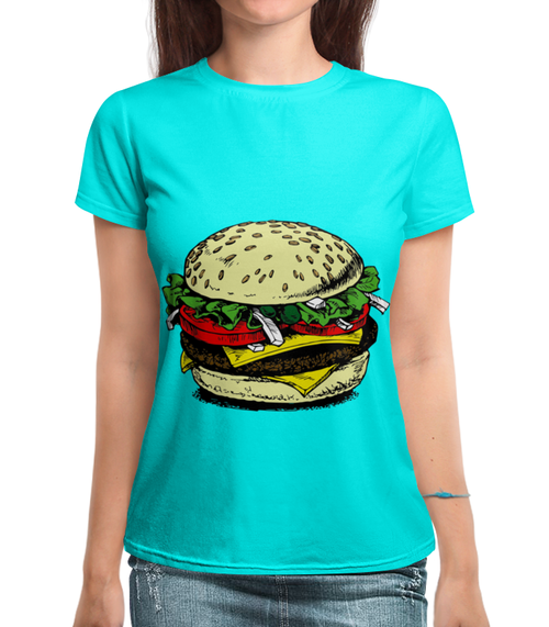 Заказать женскую футболку в Москве. Футболка с полной запечаткой (женская) Большой гамбургер  от denis01001 - готовые дизайны и нанесение принтов.