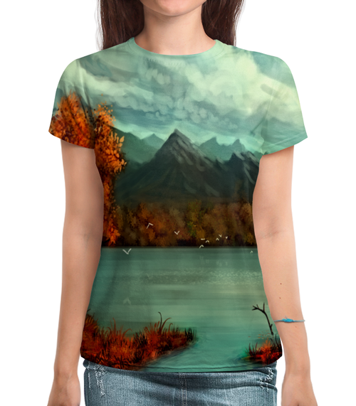 Заказать женскую футболку в Москве. Футболка с полной запечаткой (женская) Осень в горах от THE_NISE  - готовые дизайны и нанесение принтов.