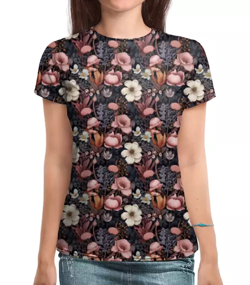 Заказать женскую футболку в Москве. Футболка с полной запечаткой (женская) Странные цветы от gisly@mail.ru - готовые дизайны и нанесение принтов.