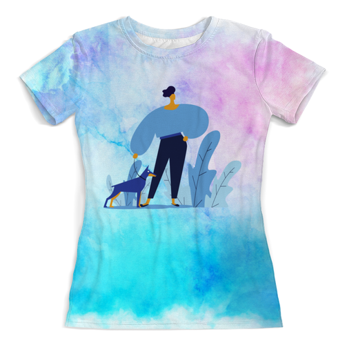 Заказать женскую футболку в Москве. Футболка с полной запечаткой (женская) Прогулка с собакой от T-shirt print  - готовые дизайны и нанесение принтов.