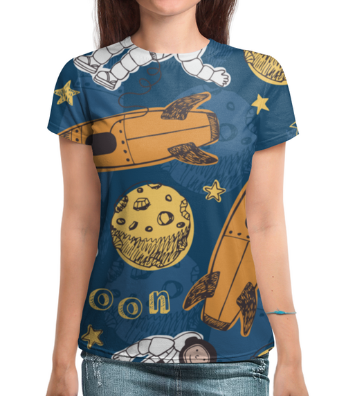 Заказать женскую футболку в Москве. Футболка с полной запечаткой (женская) Moon Project от The Spaceway  - готовые дизайны и нанесение принтов.