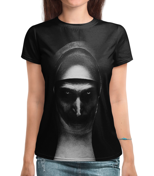 Заказать женскую футболку в Москве. Футболка с полной запечаткой (женская) Проклятие монахини от weeert - готовые дизайны и нанесение принтов.